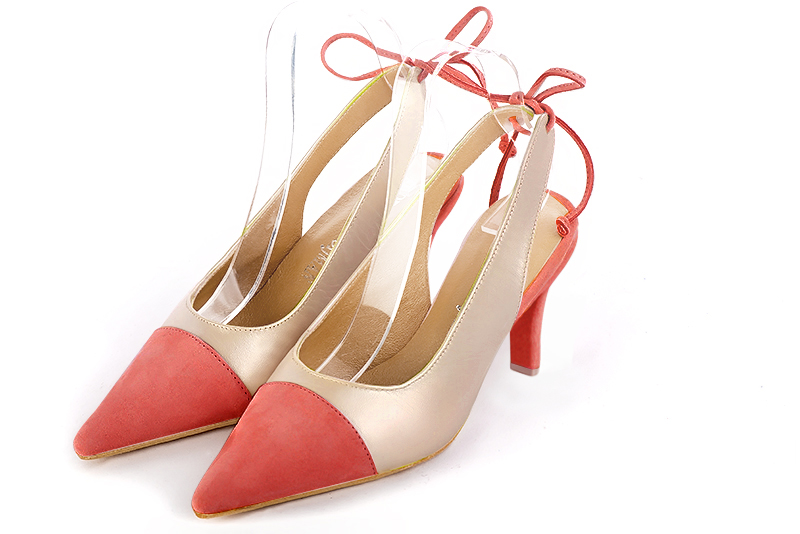 Coral orange and gold women's slingback shoes. Pointed toe. Medium slim heel. Front view - Florence KOOIJMAN